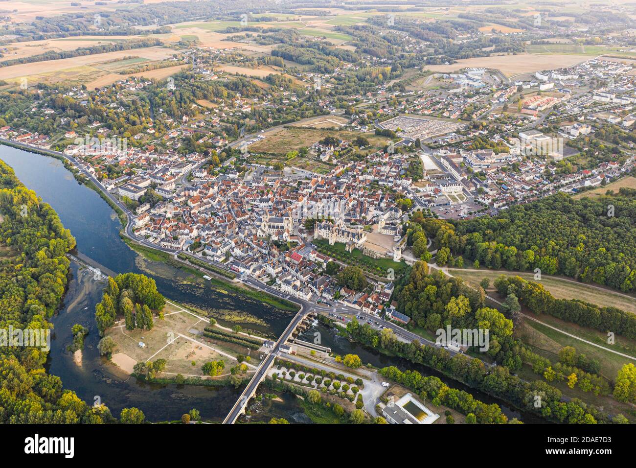 Aerial view of Saint-aignan-sur-cher, old castel and river the Cher, in the loir-et-cher Stock Photo