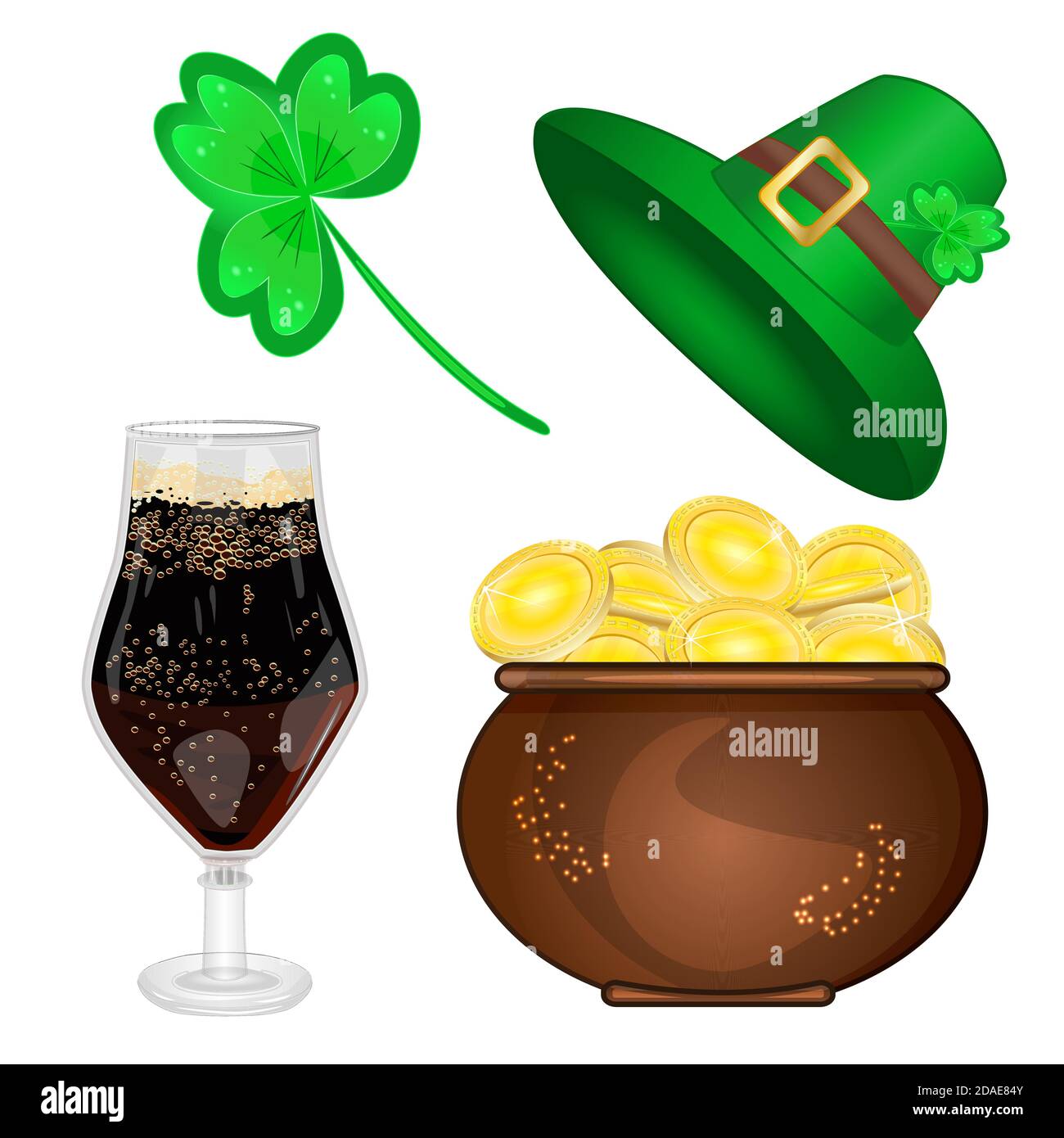 Set of St. Patrick's Day symbols isolated on white background. Leprechaun hat, beer,pot with gold and clover sign for banner.Stock vector illustration Stock Vector