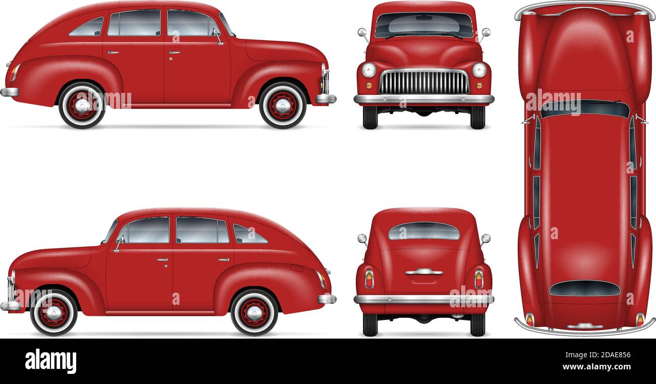 Vintage car vector mockup on white background. Isolated red auto view from side, front, back, top. All elements in the groups on separate layers Stock Vector