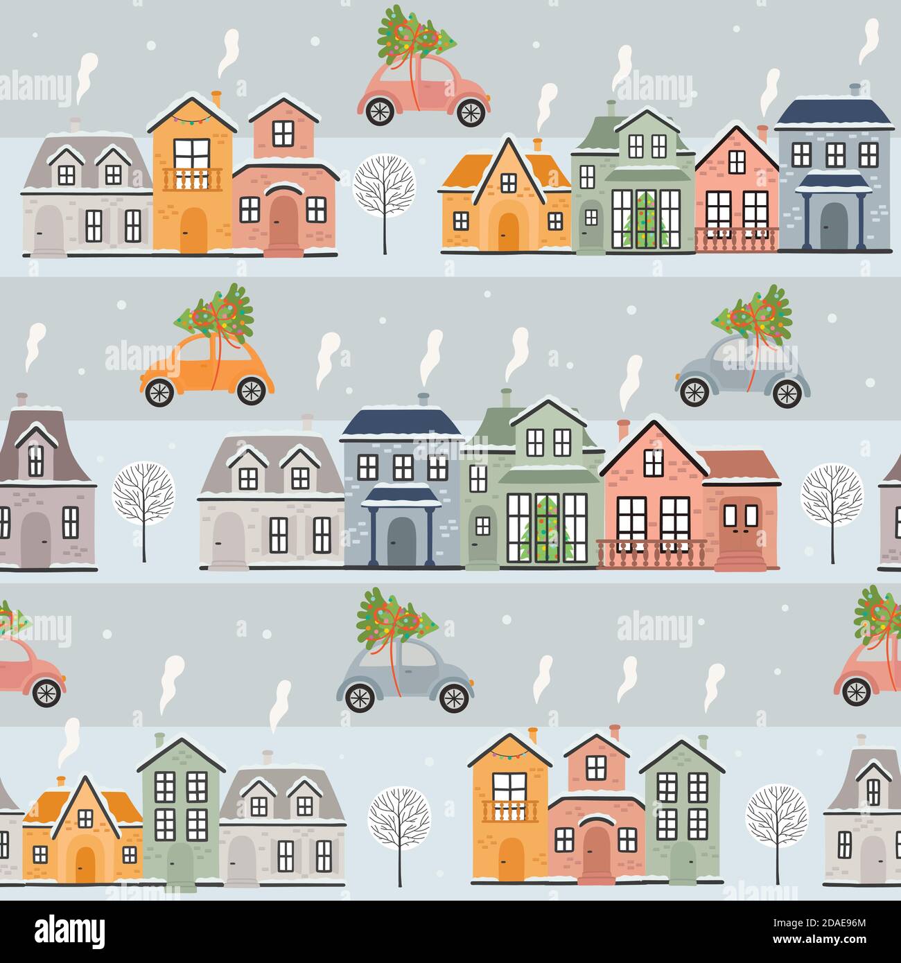 Seamless pattern with houses and cars in winter time. Vector ...