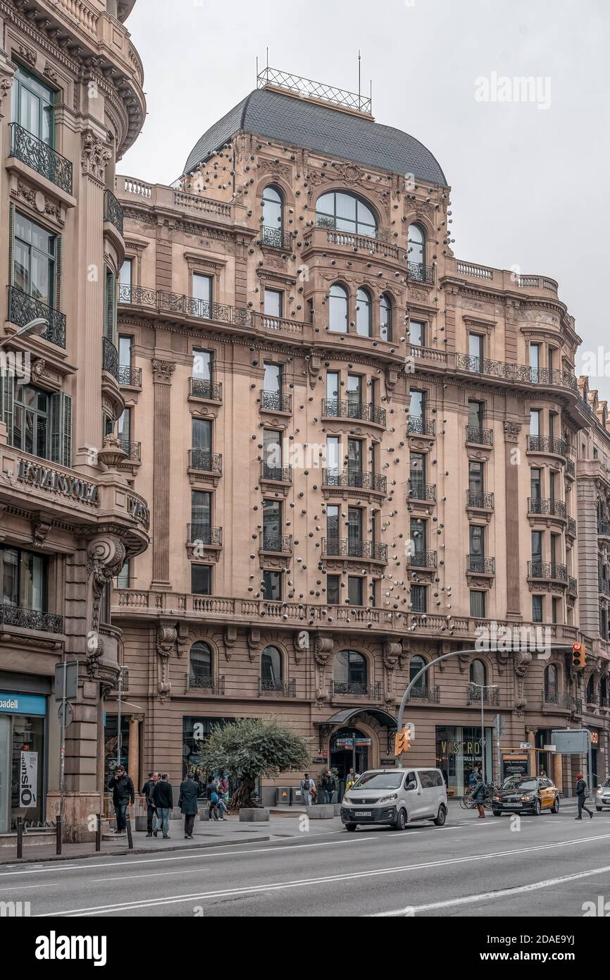Barcelona, Spain - Feb 24, 2020: Facade of Hotel Ohla Barcelona on street Laietana Stock Photo