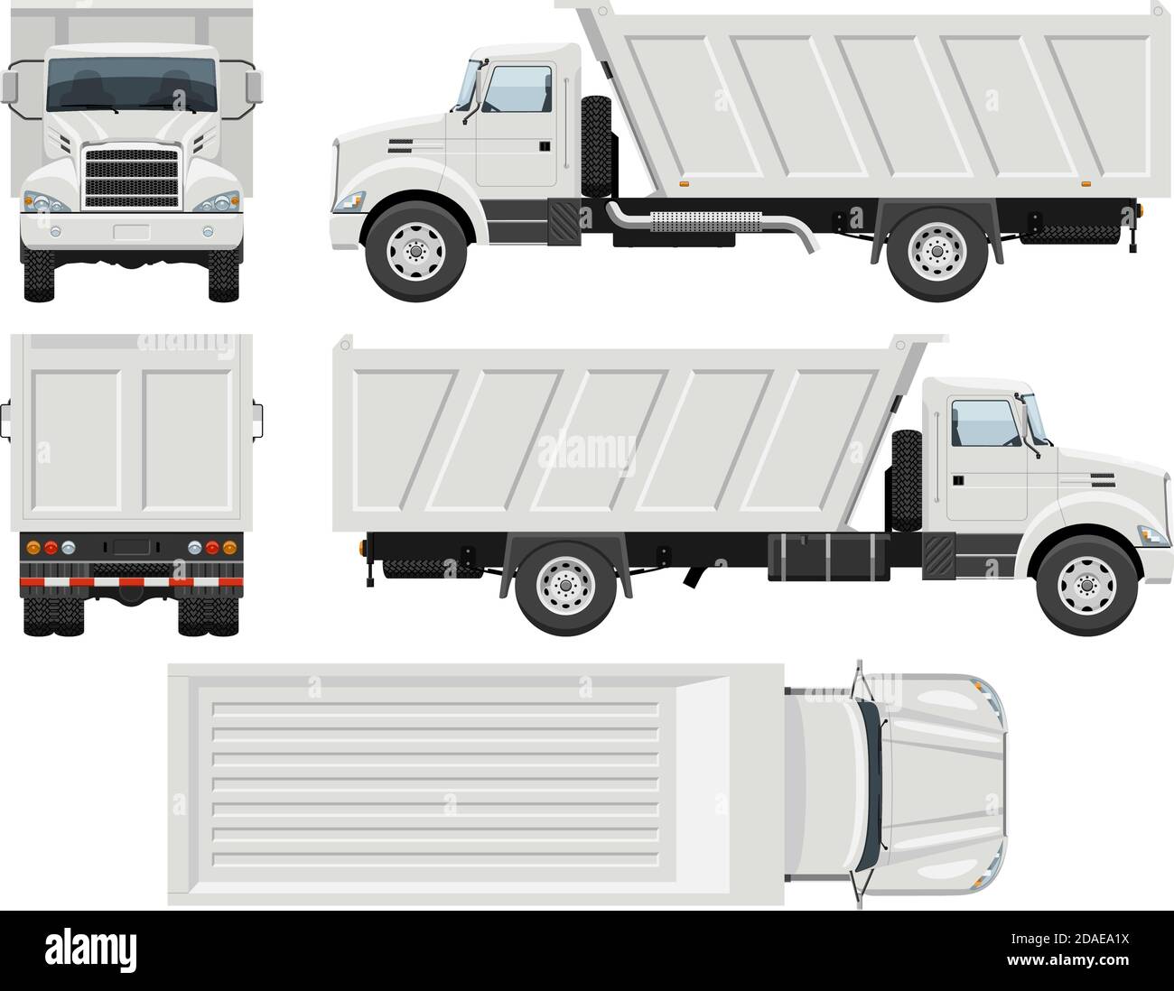 Dump truck vector template with simple colors without gradients and effects. View from side, front, back, and top Stock Vector