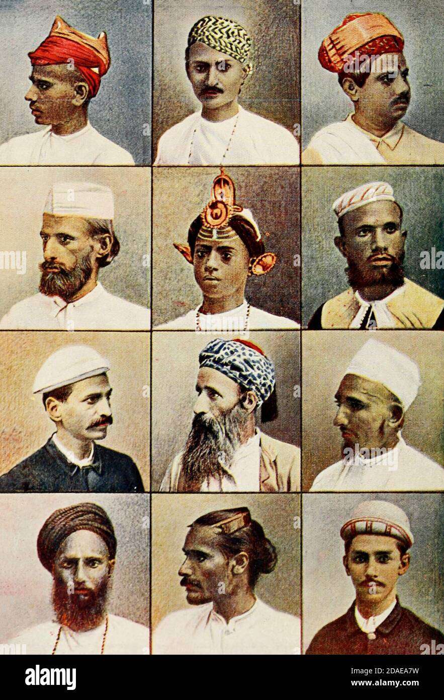 12 portraits of Indian Natives frontispiece from Typical Pictures of Indian Natives Being reproduction from Specially prepared hand-colored photographs. By F. M. Coleman (Times of India) Seventh Edition Bombay 1902 Stock Photo