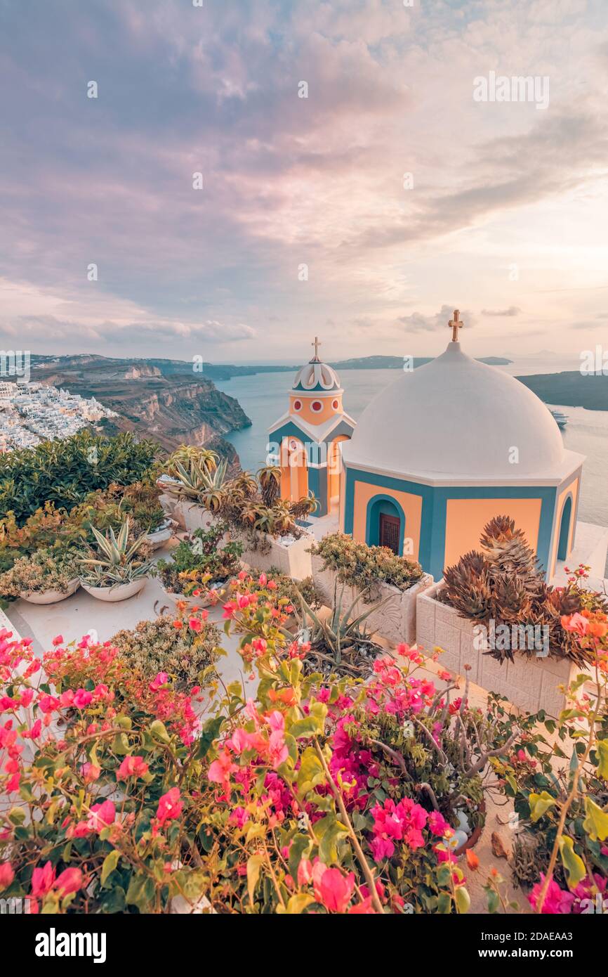 Fantastic evening view of Santorini island. Picturesque spring sunset on famous view resort Fira, Greece, Europe. Traveling concept background. Sunset Stock Photo