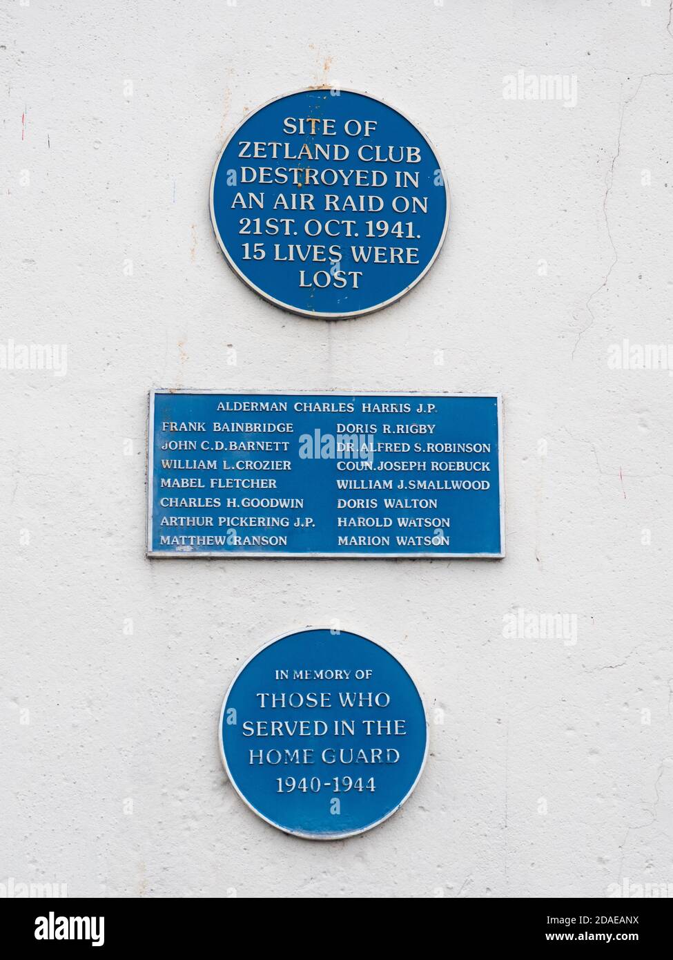 Plaques in the Remembrance Garden in Redcar site of the Zetland Club destroyed in an air raid on 21/10/1941 loss of 15 lives names listed and a plaque Stock Photo