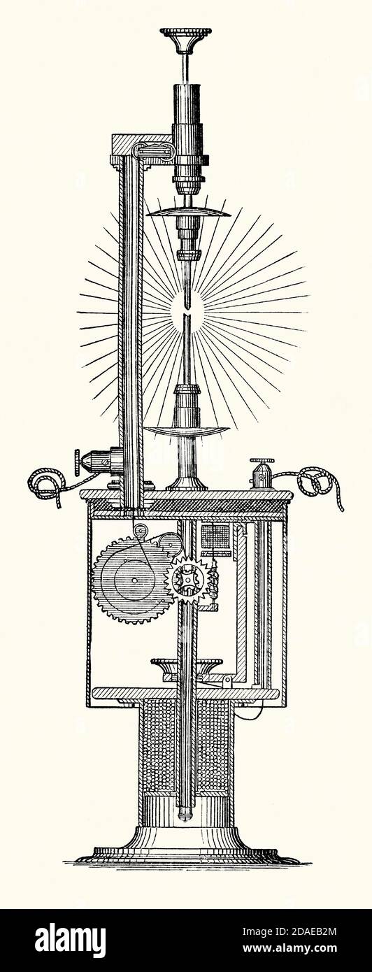 An old engraving of an early example of an electric light. It is from a  Victorian mechanical engineering book of the 1880s. English chemist Humphry  Davy developed the first incandescent light in