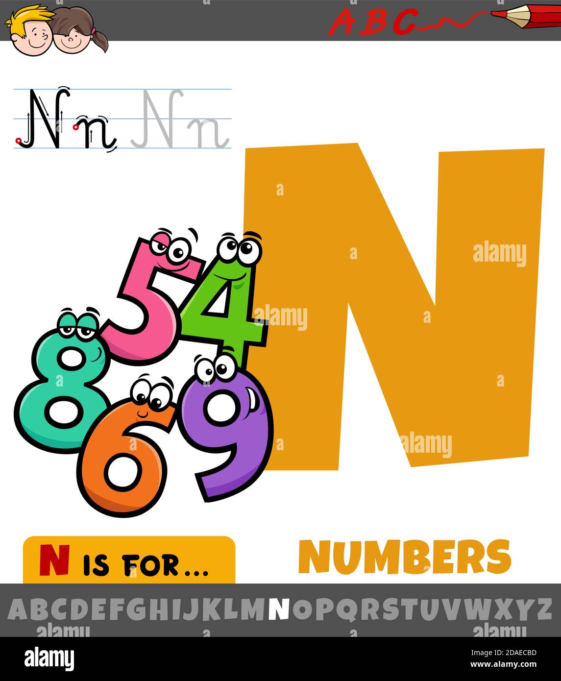 Educational cartoon illustration of letter N from alphabet with numbers