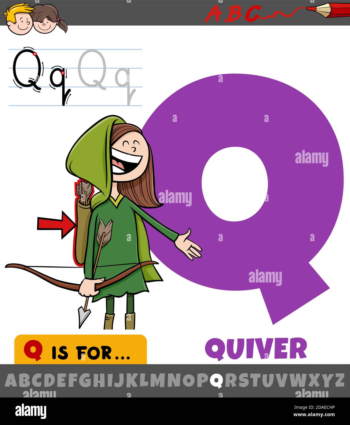 Educational cartoon illustration of letter Q from alphabet with quiver ...