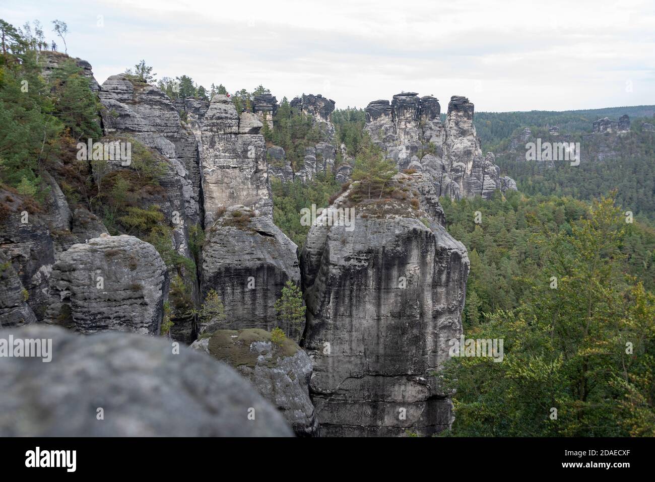 Germany, Saxony, Bastei, rock formations in the Elbe Sandstone Mountains, Saxon Switzerland National Park Stock Photo
