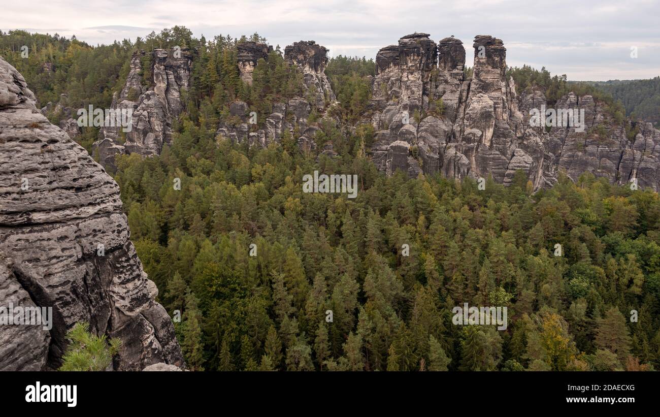 Germany, Saxony, Bastei, rock formations in the Elbe Sandstone Mountains, Saxon Switzerland National Park Stock Photo