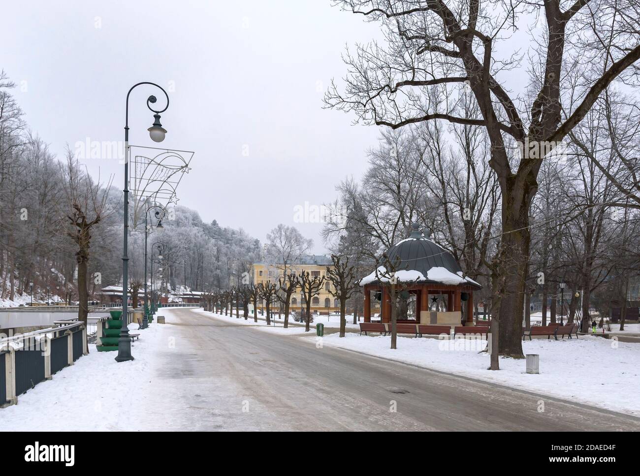 Krynica Zdroj town center at winter overcast day Stock Photo