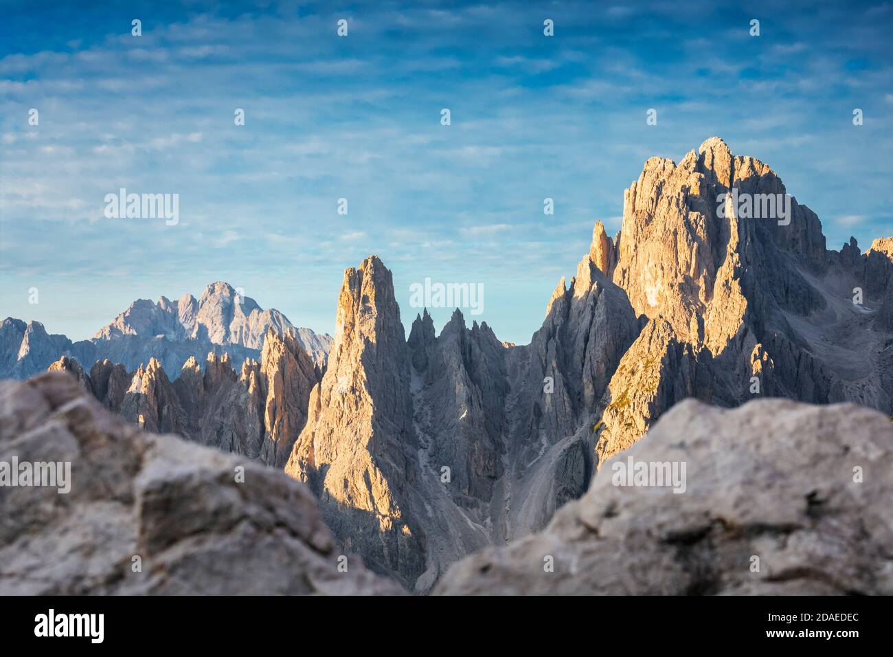 Cadini di Misurina with torre Siorpaes, Cimon di Croda Liscia, cima Cadin Nord Est, cima Cadin di San Lucano, cima Eötvos, Dolomites mountains, Auronzo di Cadore, Belluno, Veneto, Italy, Europe Stock Photo