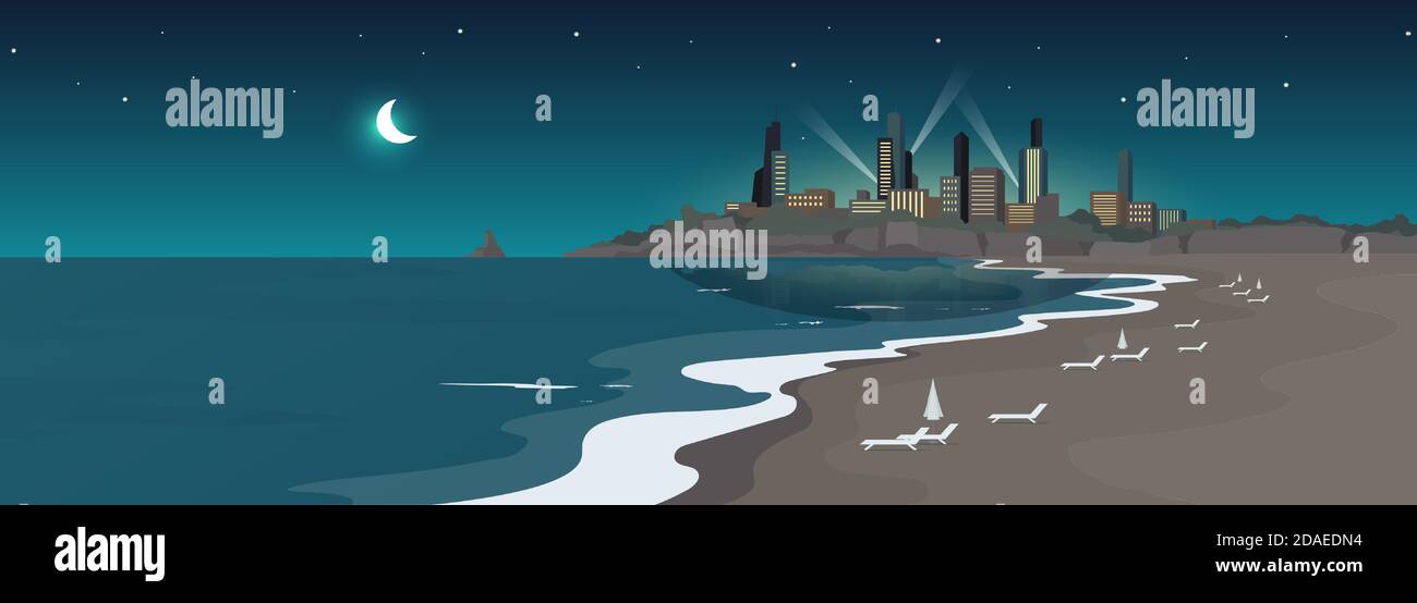 Sandy urban beach at night flat color vector illustration Stock Vector ...