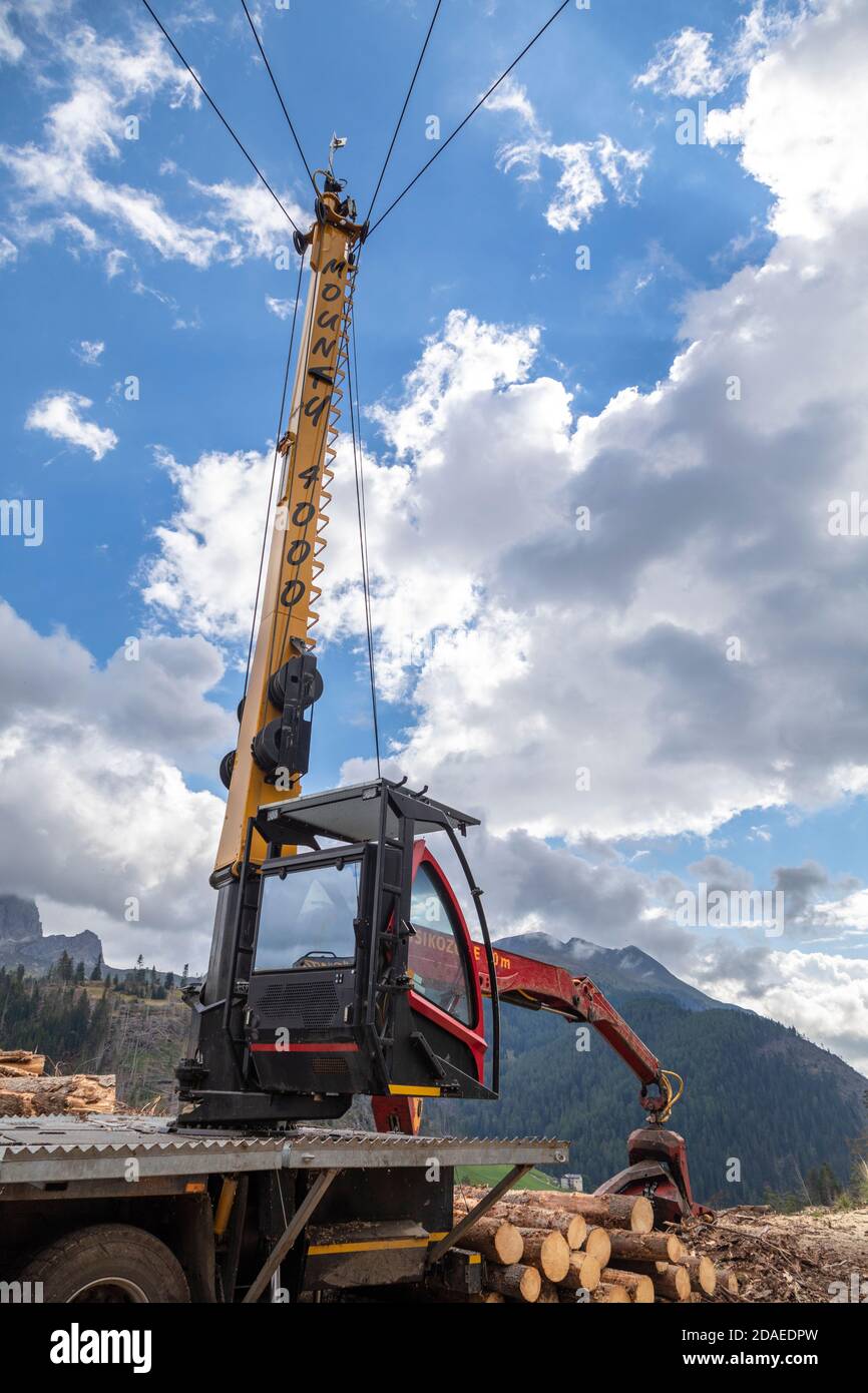 forestry work, special vehicle with tower and cableway for the recovery and processing of tree trunks, dolomites, italy, europe Stock Photo