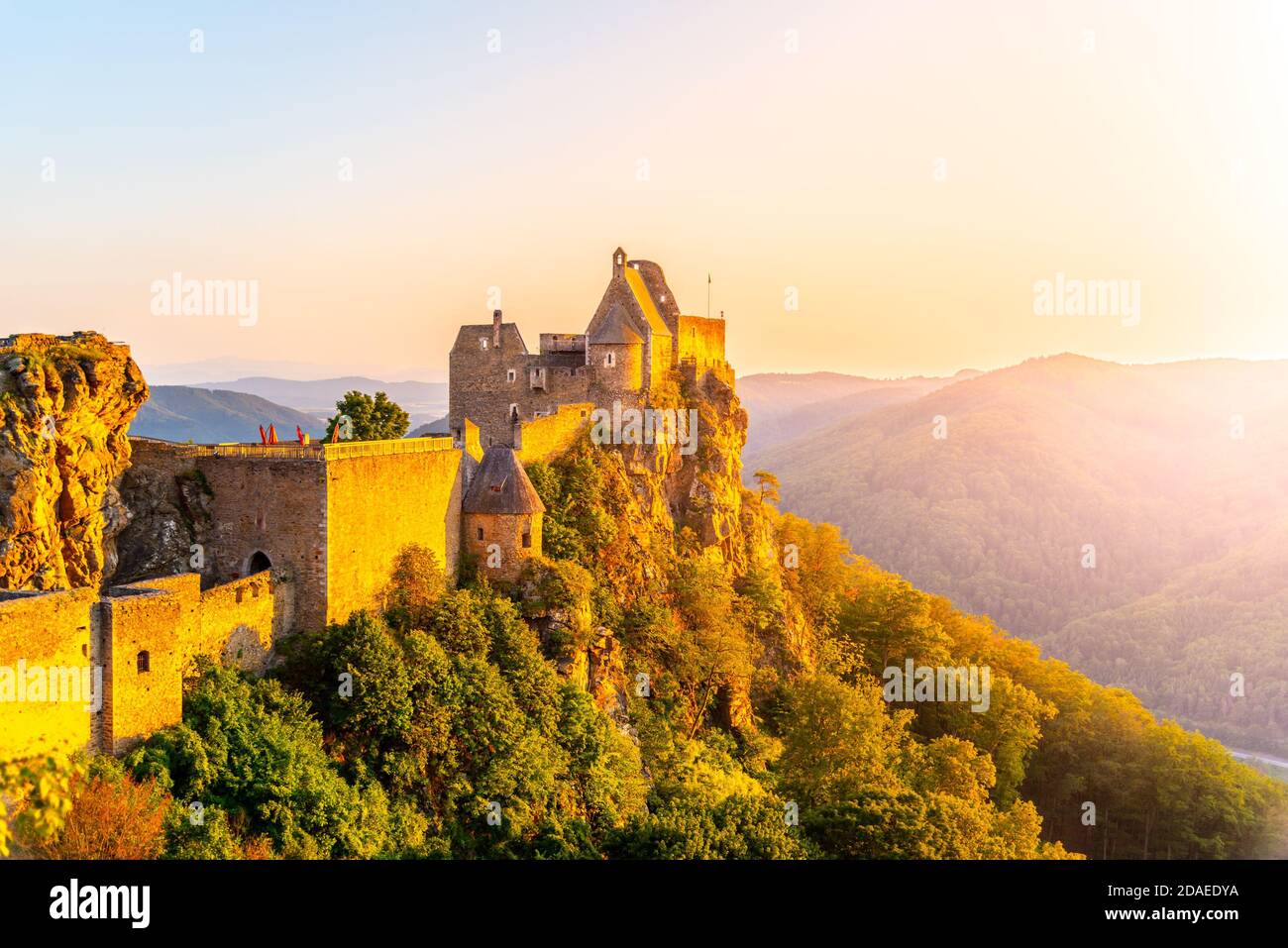 Aggstein Castle ruins at sunse time. Wachau Valley of Danube River, Austria. Stock Photo