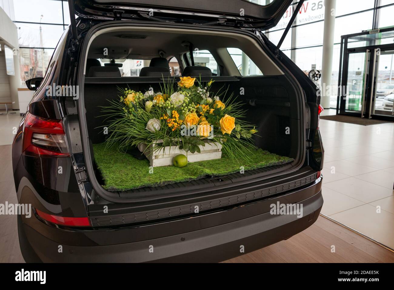 A basket of flowers is in the open trunk of a car on the territory of a car dealership. Stock Photo