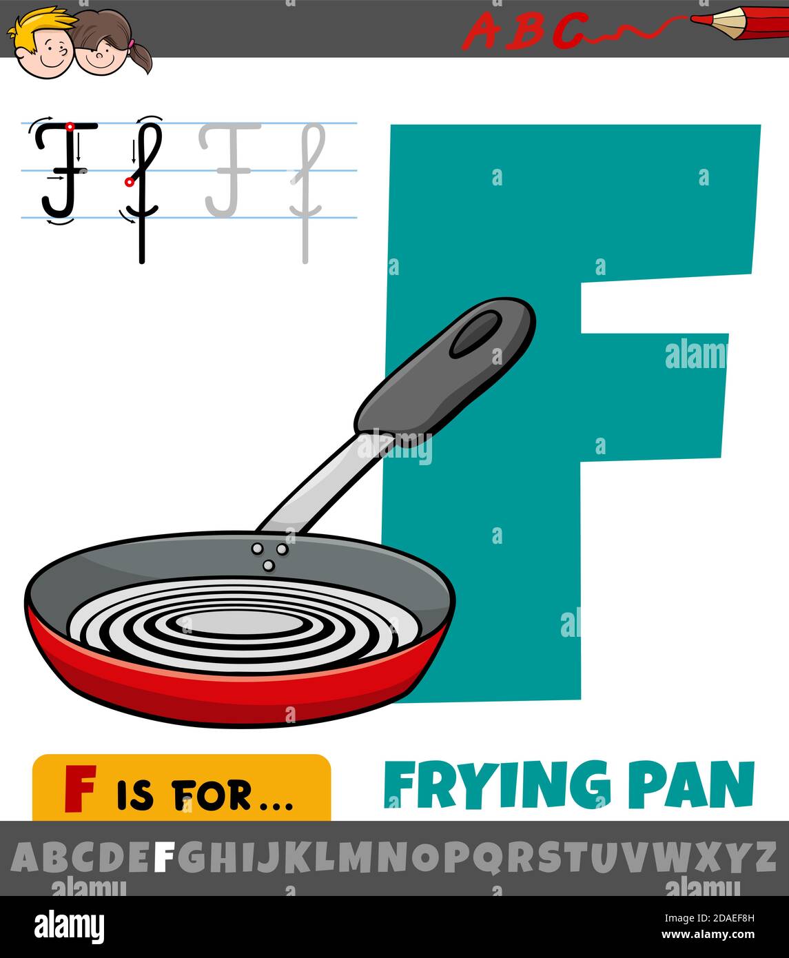 Educational cartoon illustration of letter F from alphabet with frying pan for children Stock Vector