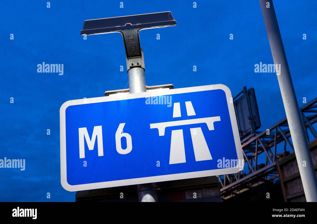Blue start of motorway sign on the M6 motorway, England, UK. Stock Photo