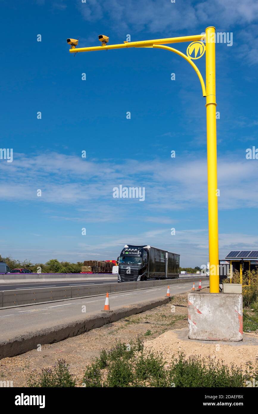 Average speed cameras on the M1 motorway in the Midlands, England. Stock Photo