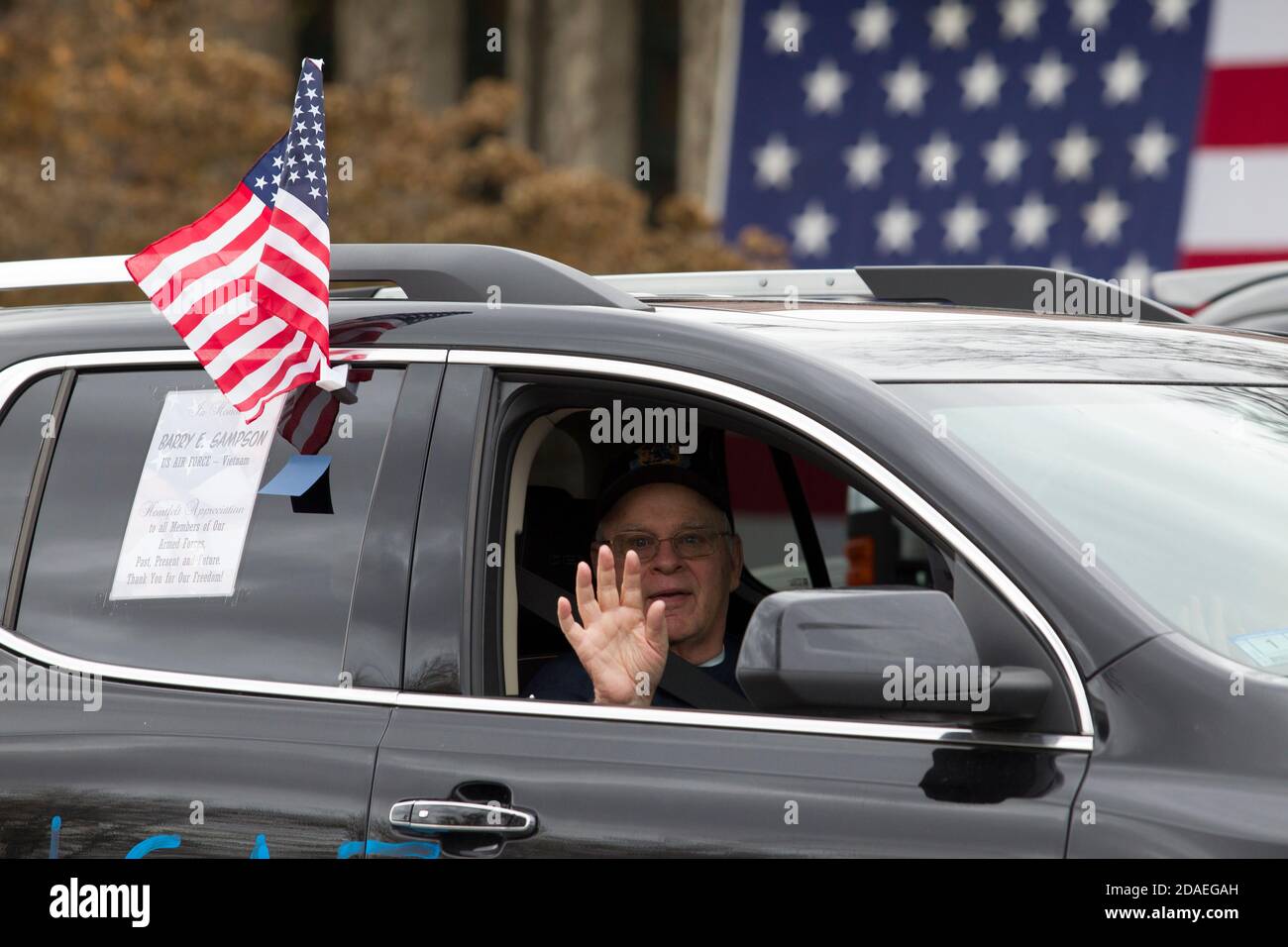 Veterans Car Parade held in Lexington, MA USA on Wednesday, November 11, 2020. Stock Photo