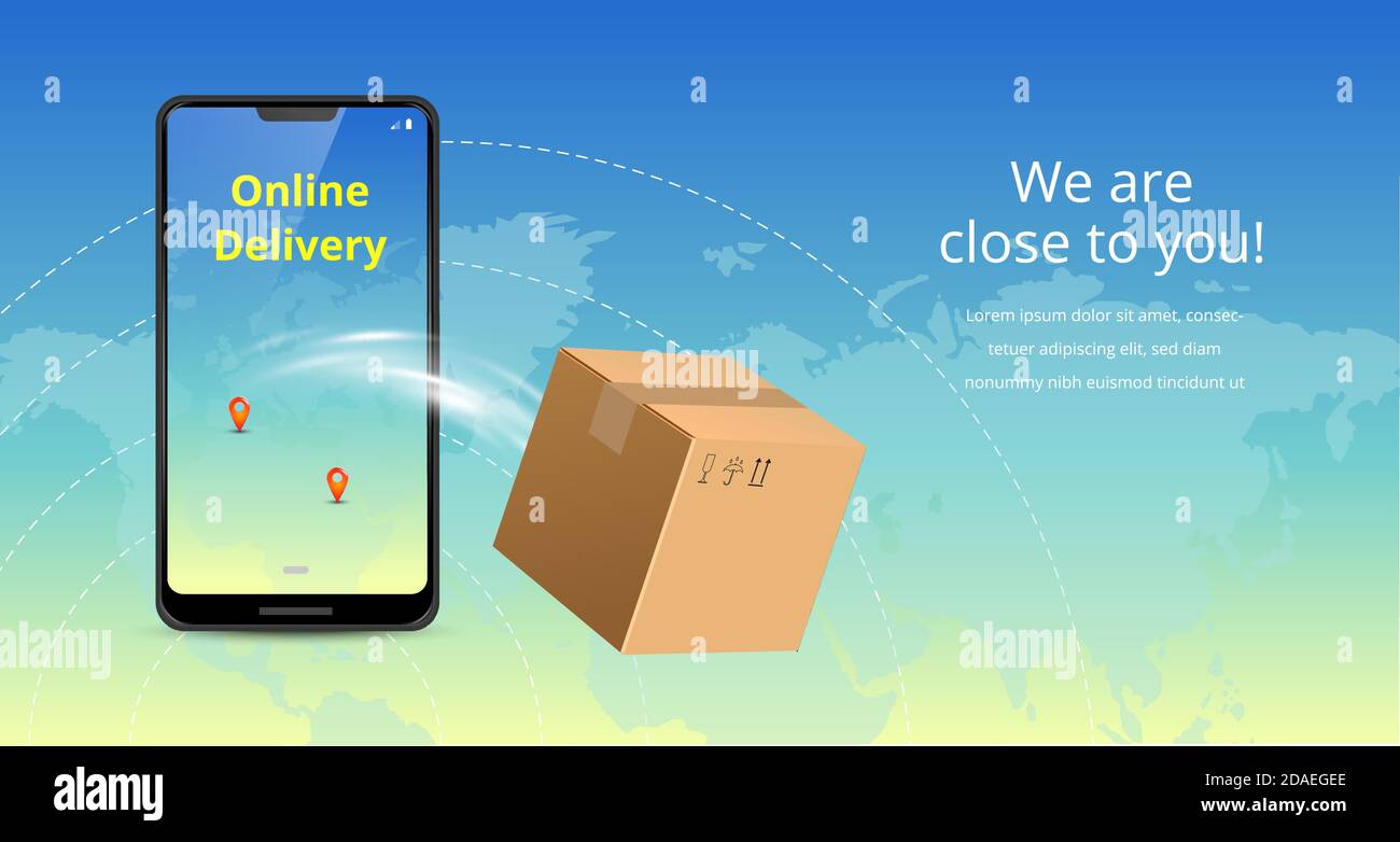 Online delivery service concept. Realistic phone, plane and package box