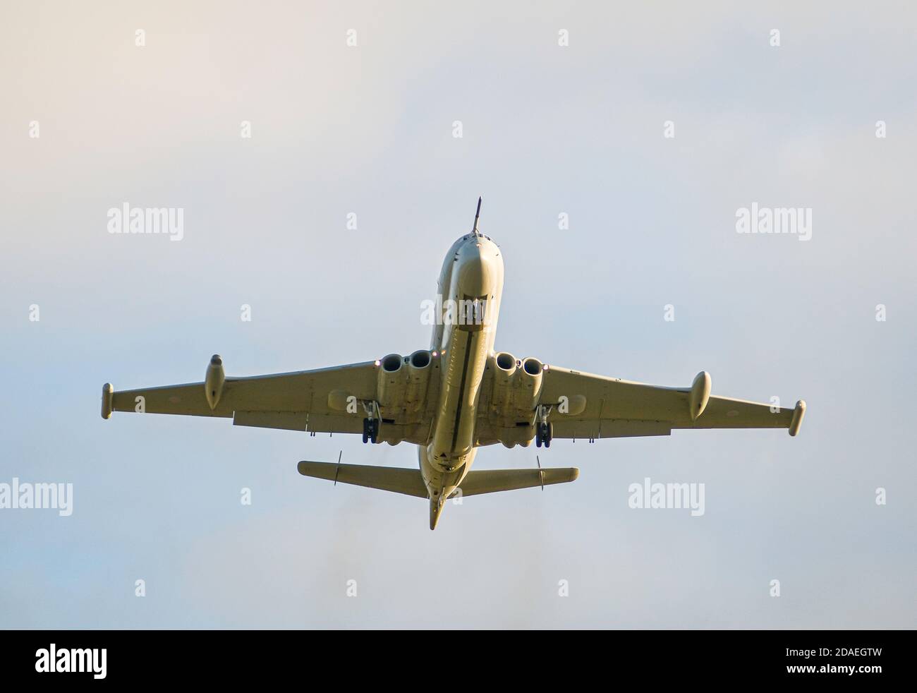 An RAF Nimrod MR2 Maritime patrol Aircraft leaving its base at RAF Kinloss in nORTH eAST sCOTLAND. Stock Photo