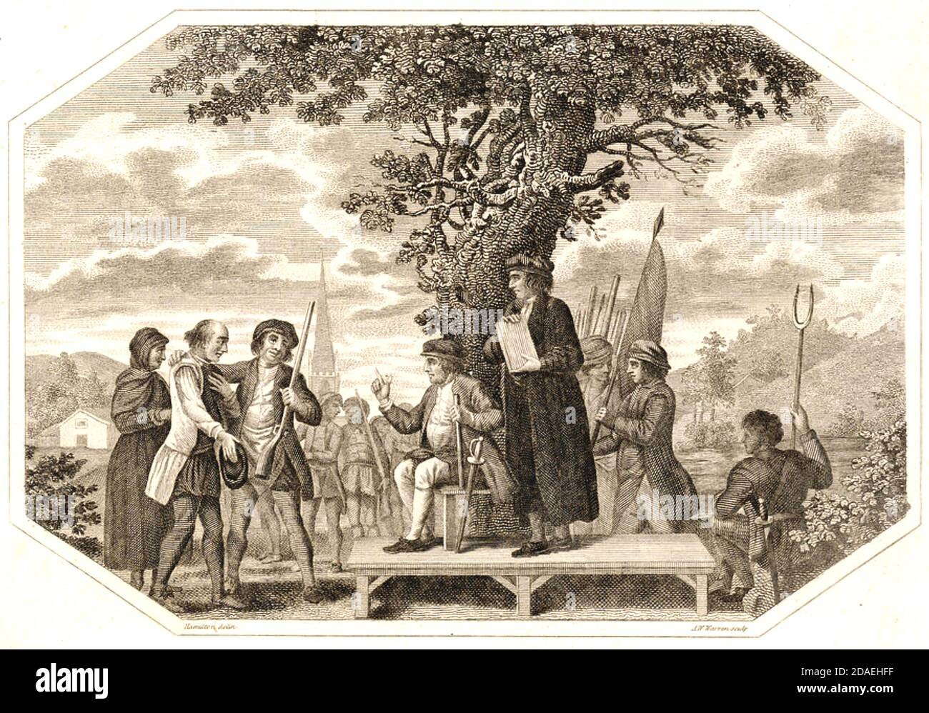 KETT'S REBELLION  A 1785 engraving of Robert Kett and his rebel followers under the Oak of Reformation on Mousehold Heath, north east of Norwich, in 1549. Stock Photo