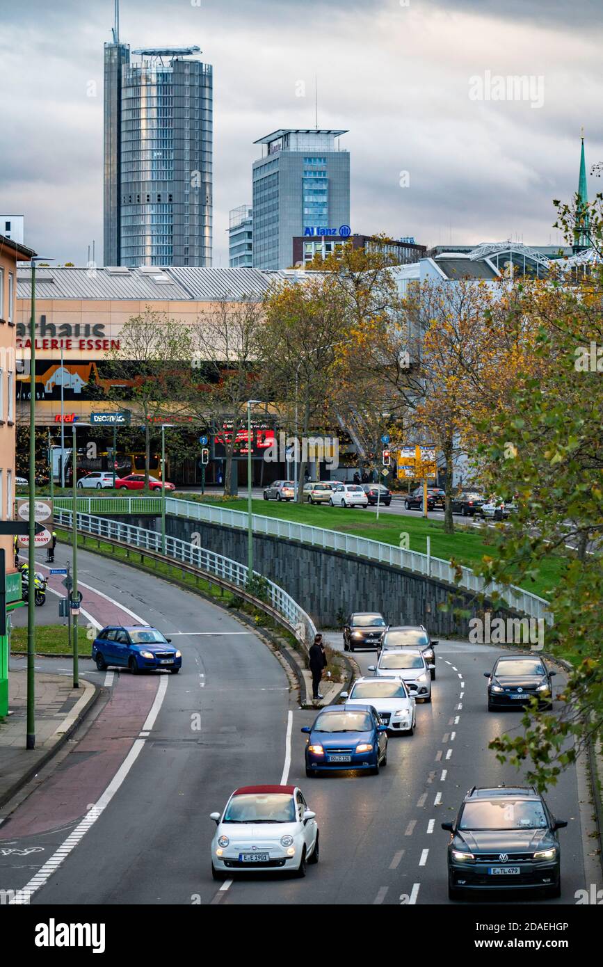 City centre of Essen, tunnel on the Schützenbahn road, town hall gallery shopping centre, RWE tower, EVONIK office building, NRW, Germany Stock Photo