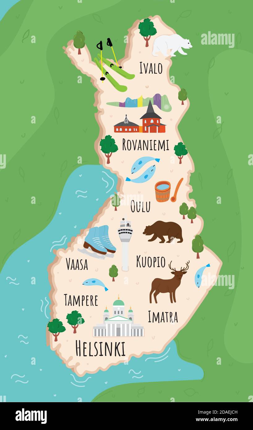 Tourist infographics about Finland. Cartoon map of Scandinavian country. Travel illustration with landmarks, buildings, food and plants. National Stock Vector