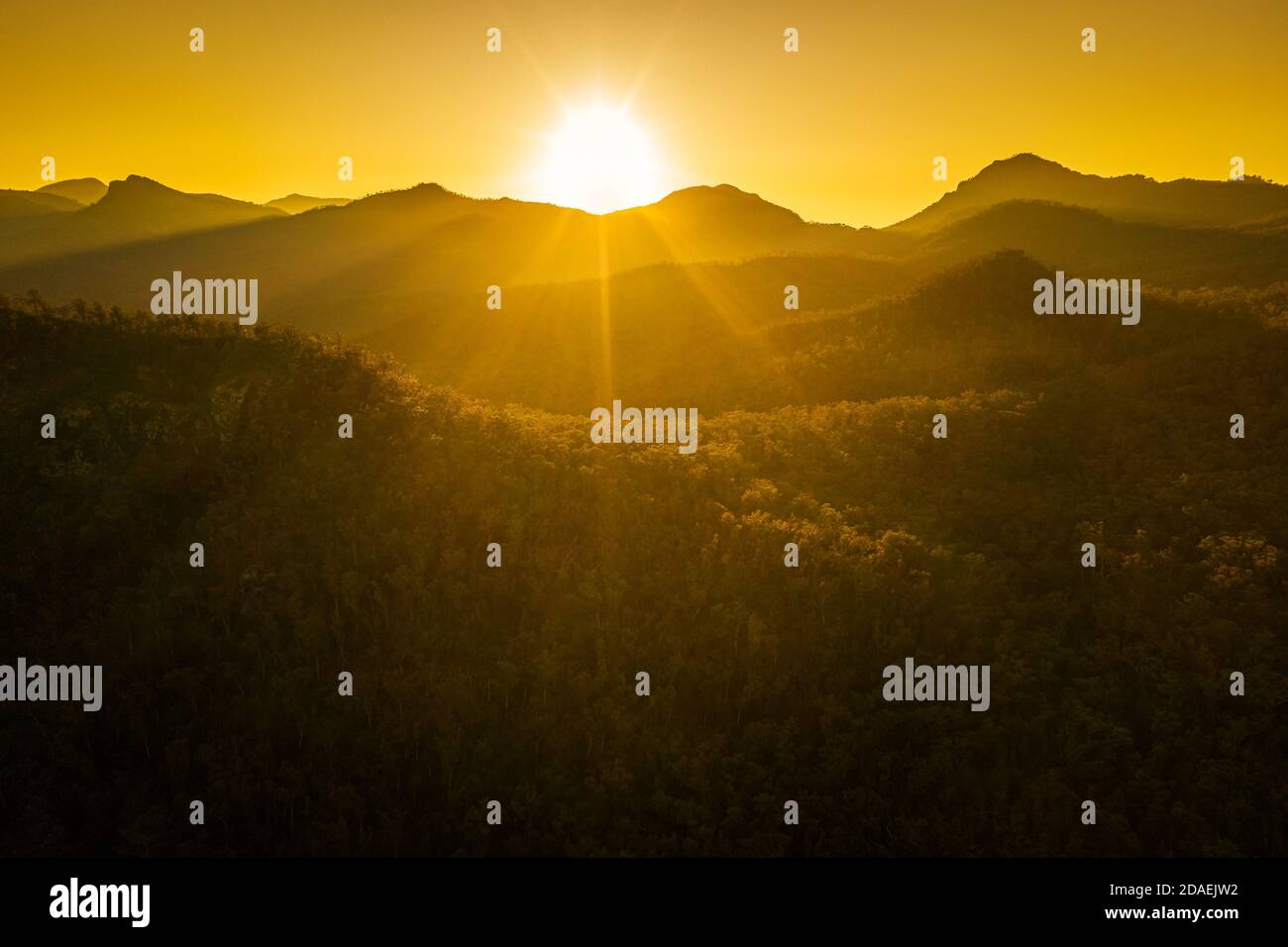 Sunrise over the amazing mountains of the Warrumbungles. Stock Photo