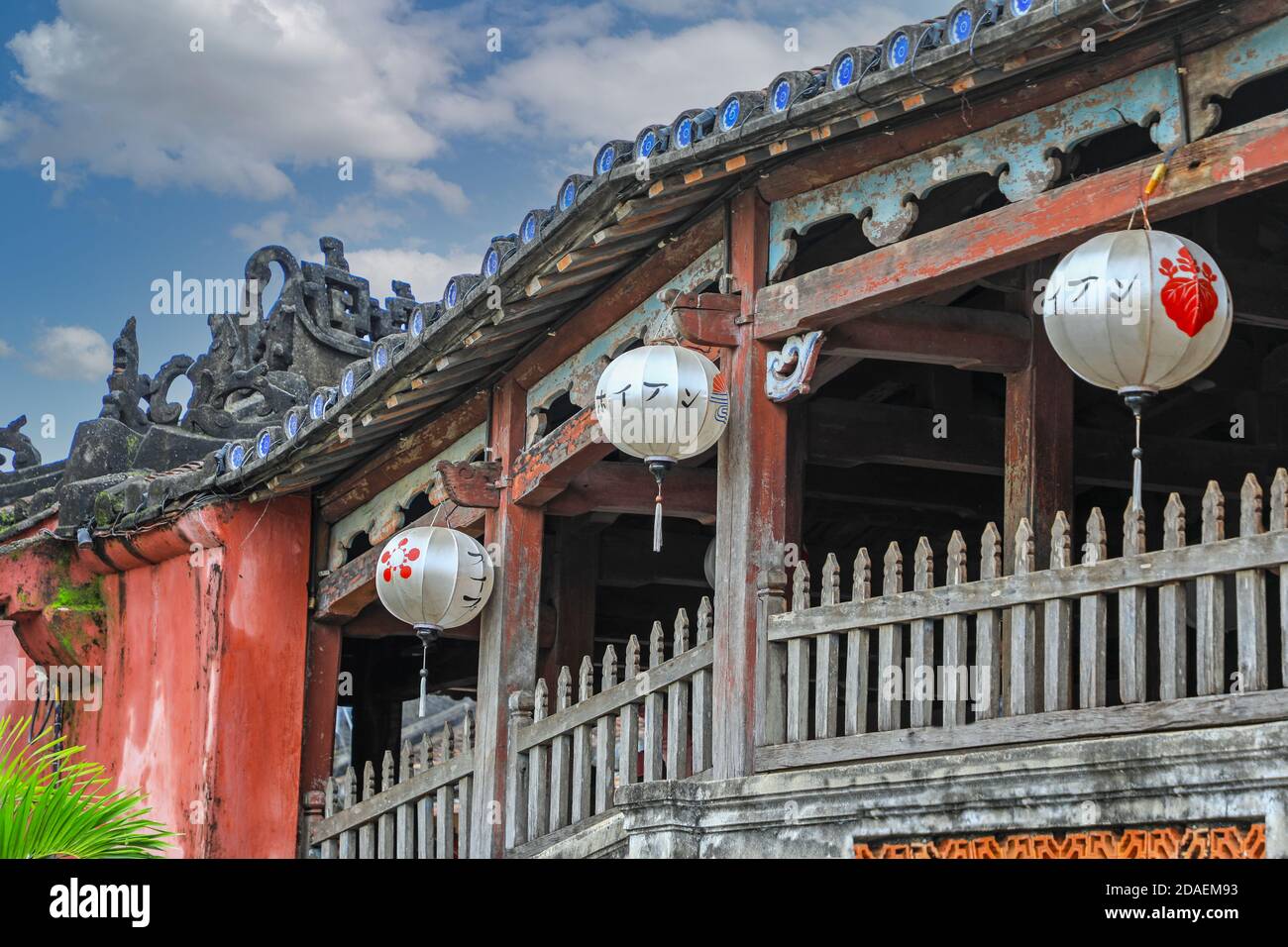 Lanterns hanging from the Japanese covered bridge, Hoi An, Vietnam, Asia Stock Photo