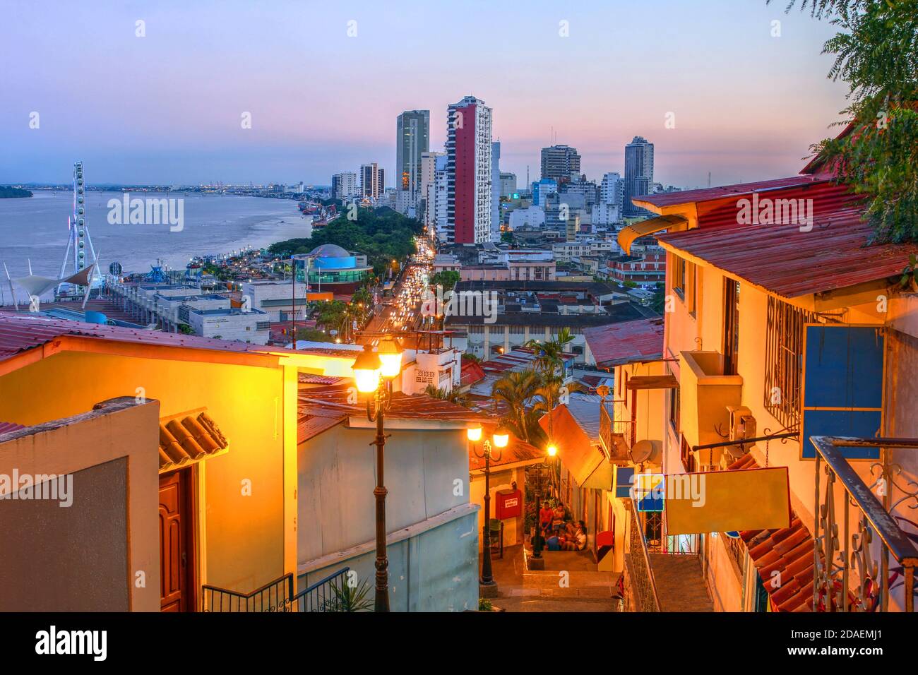 Guayaquil skyline at sunset as seen from Cerro de Santa Ana (St. Ana Hill) along the Malecon 2000. Stock Photo