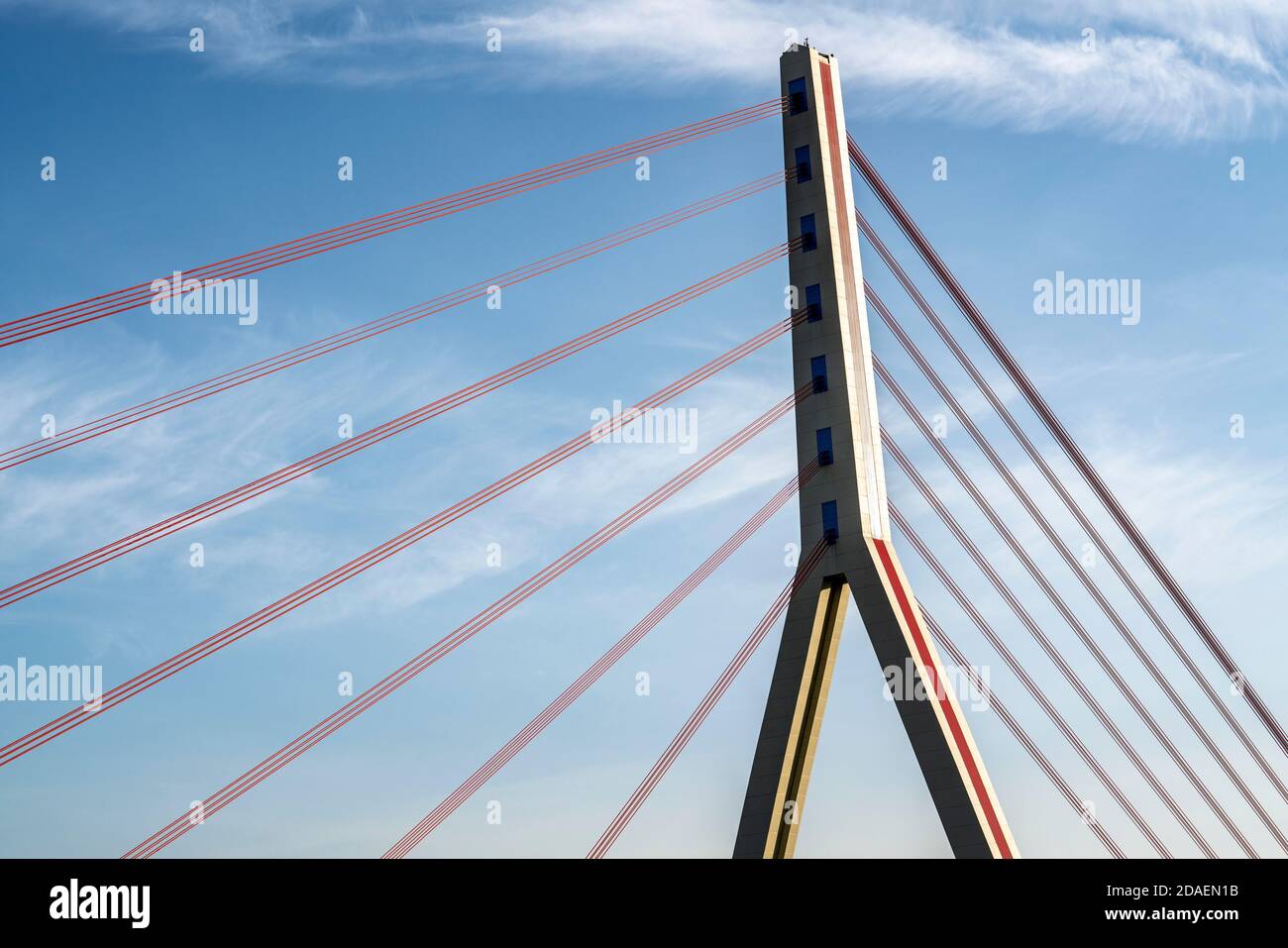 The Fleher Bridge, in Düsseldorf Flehe, over the Rhine, motorway bridge of the A46, highest bridge pylon in Germany, cable-stayed bridge, Düsseldorf, Stock Photo