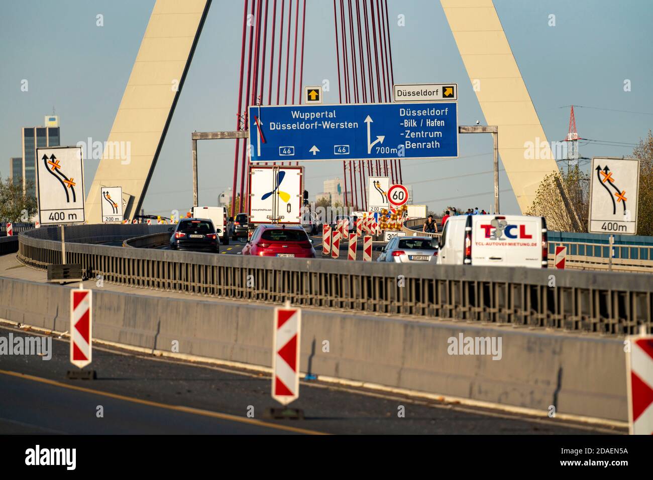 Construction site, renovation of Fleher Bridge, in Düsseldorf Flehe, across the Rhine, motorway bridge of the A46, highest bridge pylon in Germany, ca Stock Photo