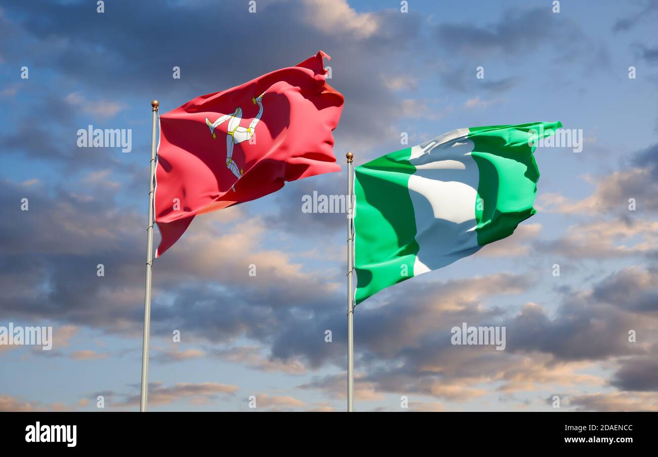 Beautiful national state flags of Isle of Mann and Nigeria together at the sky background. 3D artwork concept. Stock Photo