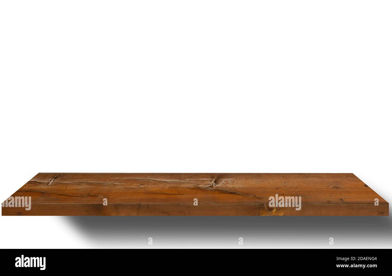empty wooden shelf on white background desing Stock Photo - Alamy