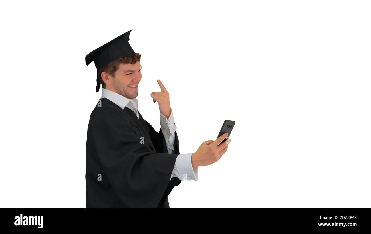 Graduate student taking selfie with different gestures on white Stock Photo