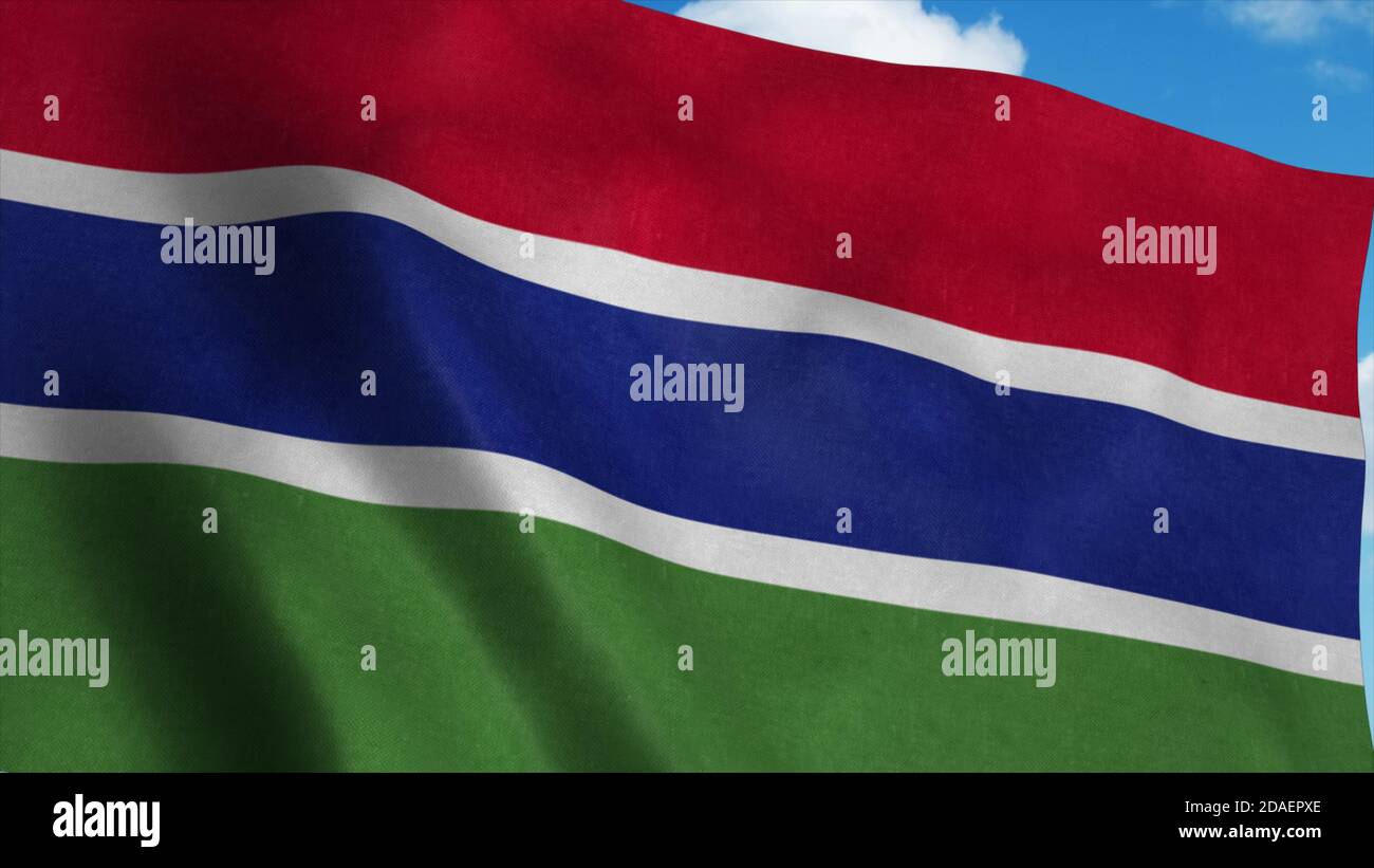Gambia flag waving in the wind, blue sky background. 3d rendering Stock ...