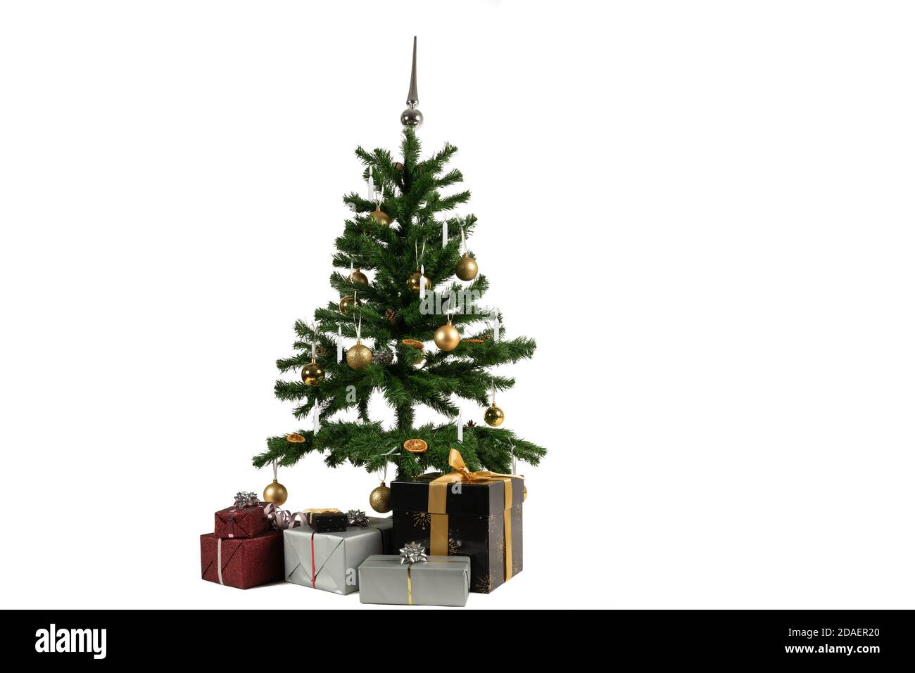 Christmas tree and gifts isolated on white background Stock Photo - Alamy