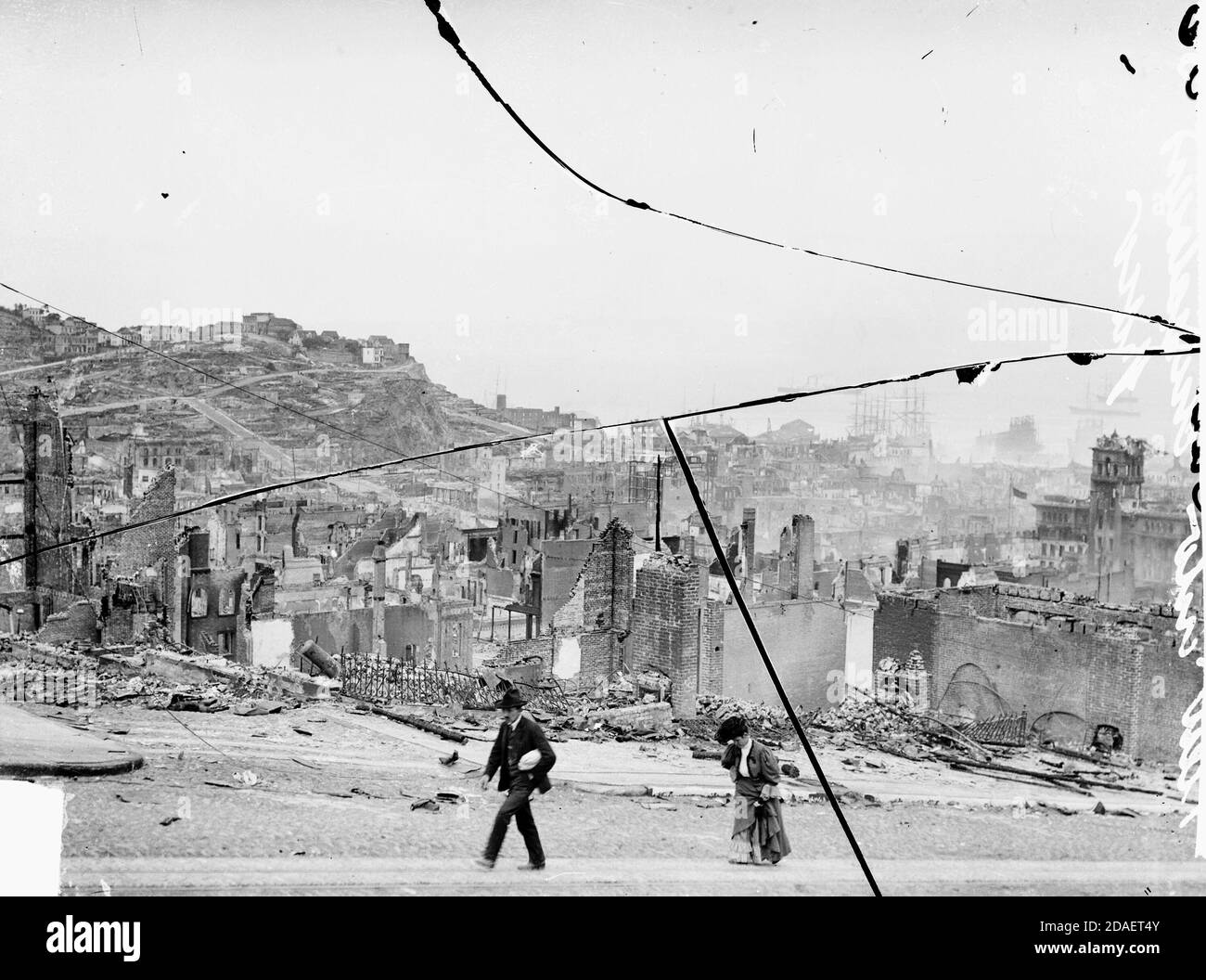 Cityscape view looking down on the building ruins of Chinatown in San Francisco following the 1906 earthquake. Stock Photo
