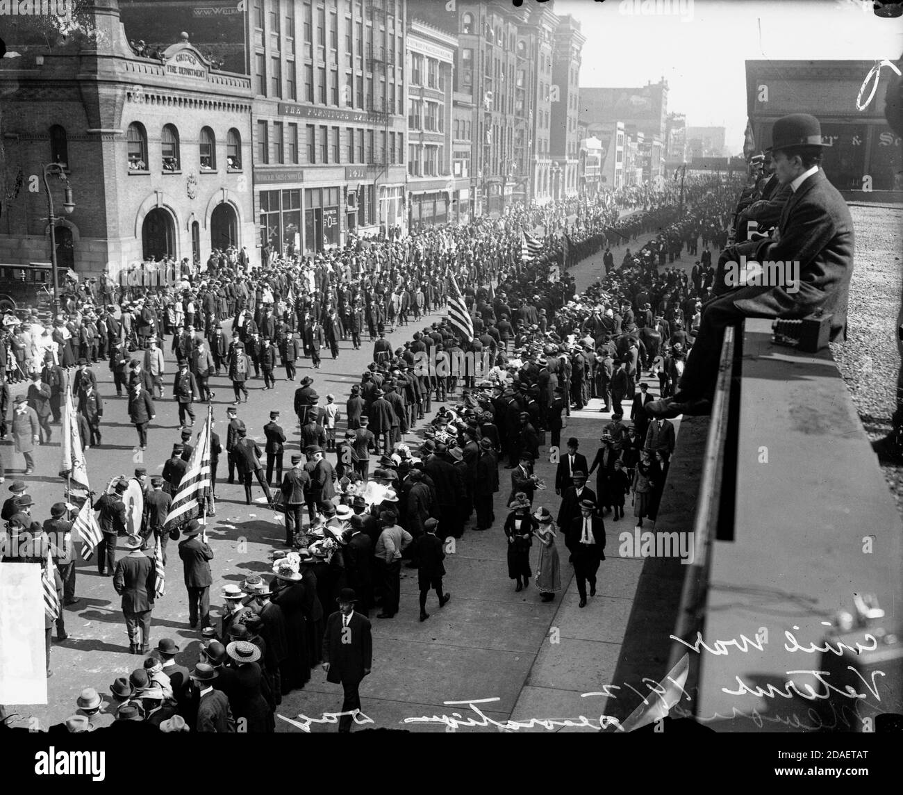 Civil War veterans marching in a Grand Army of the Republic Memorial Day parade along South Michigan Avenue, Chicago, Illinois; May 27, 1912. Stock Photo
