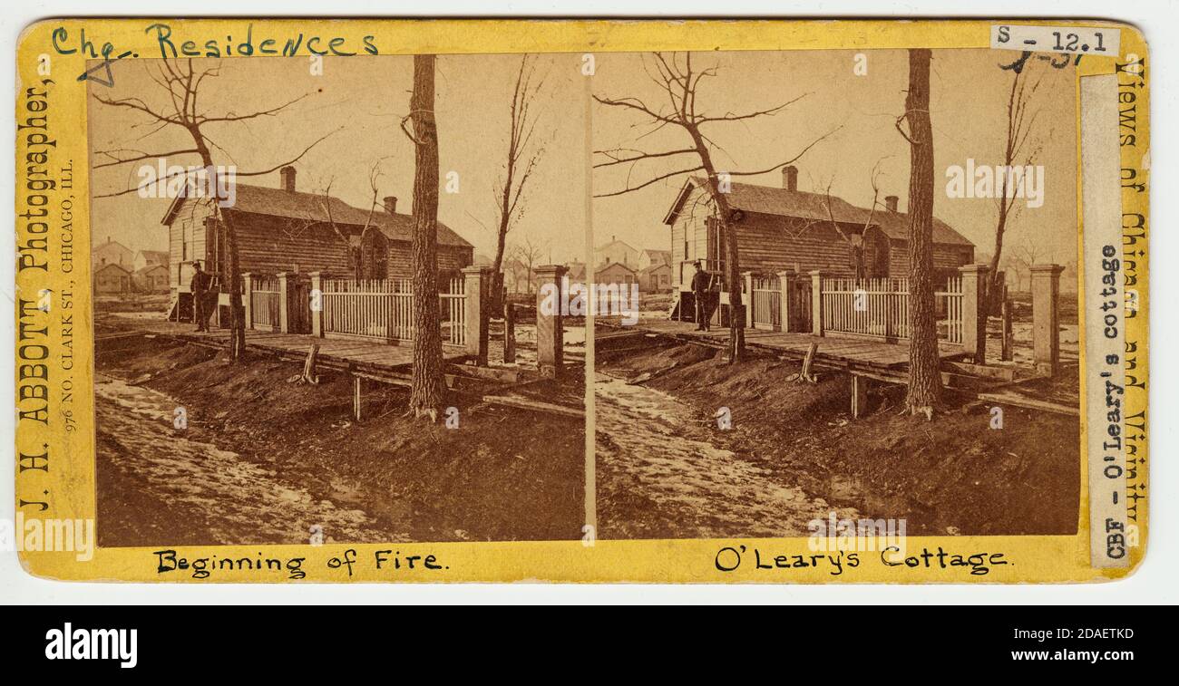 Exterior view of Mrs. O'Leary's cottage, allegedly the location of the start of the Chicago Fire of 1871, Chicago, Illinois. Stock Photo