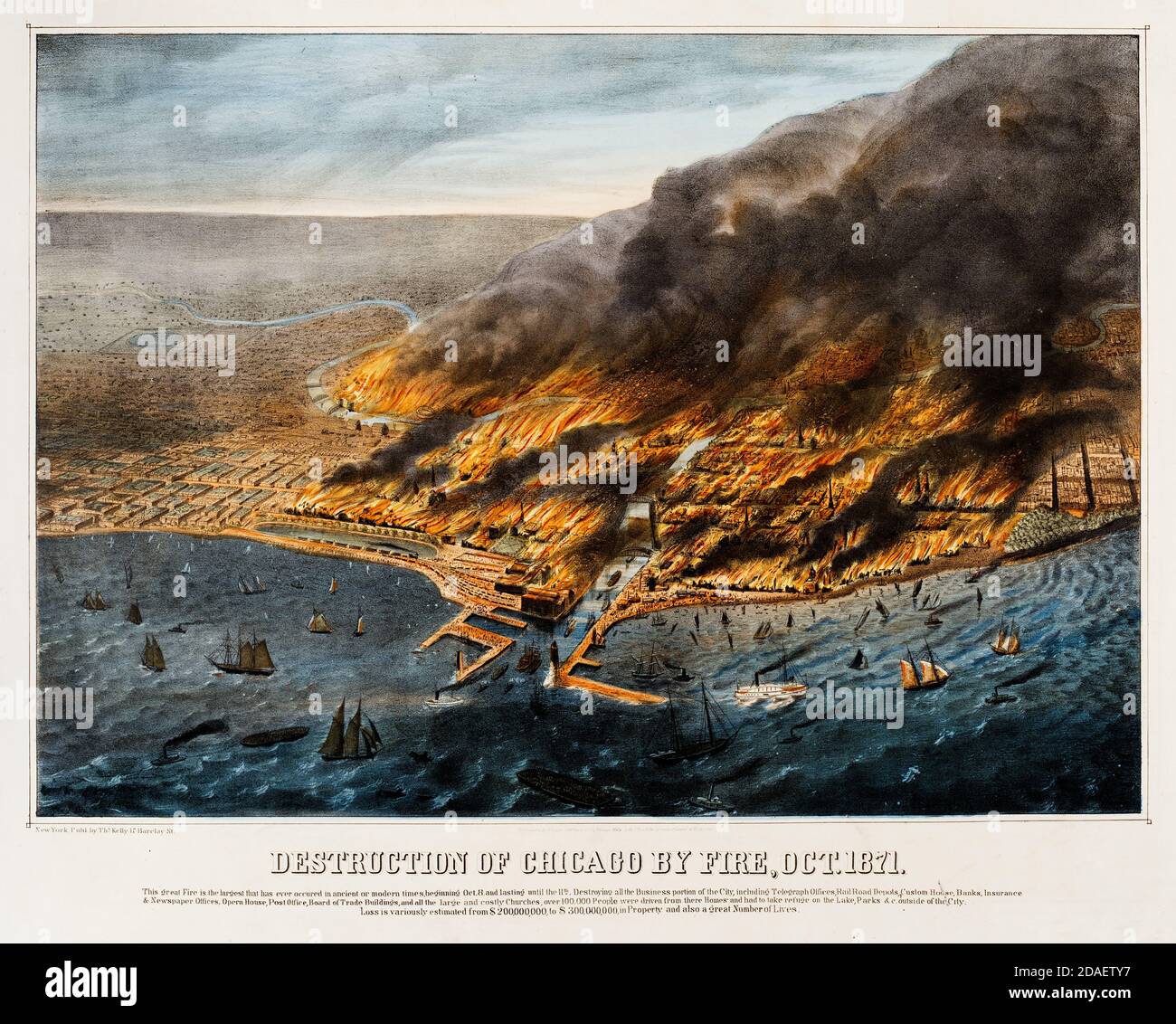 Illustration of an aerial view of the Chicago Fire of 1871, Chicago, Illinois. Stock Photo