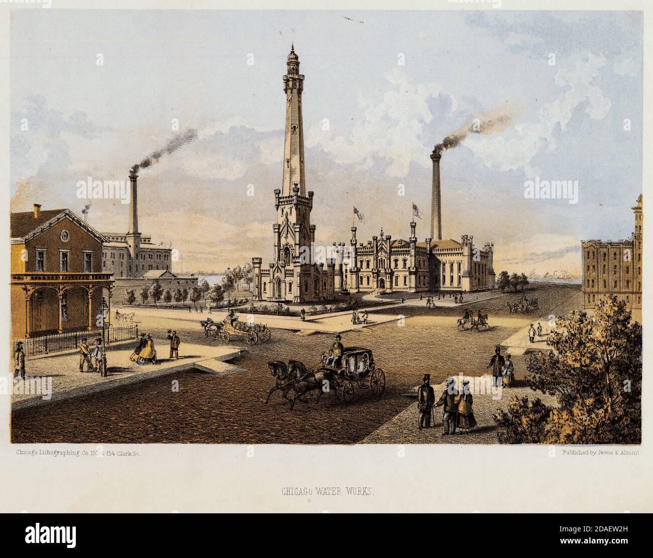 Jevne and Almini lithograph titled Chicago Water Works, 1867. Stock Photo