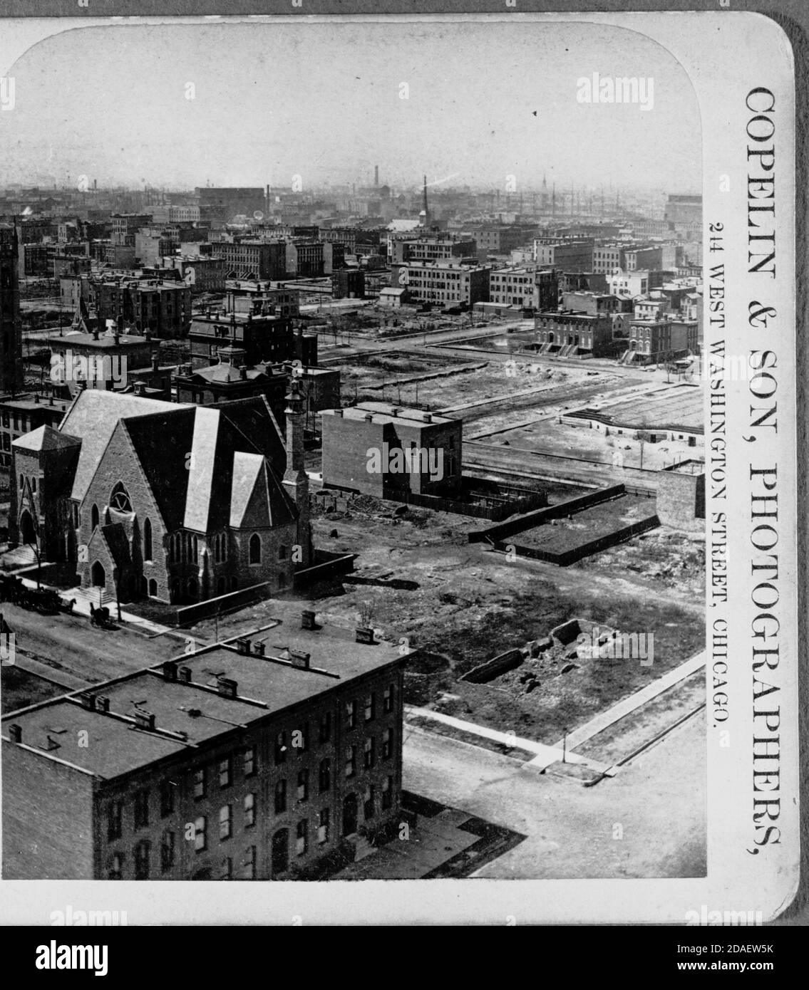 View southeast from Water Tower of the rebuilding of Chicago after the Fire of 1871, Chicago, Illinois. Stock Photo