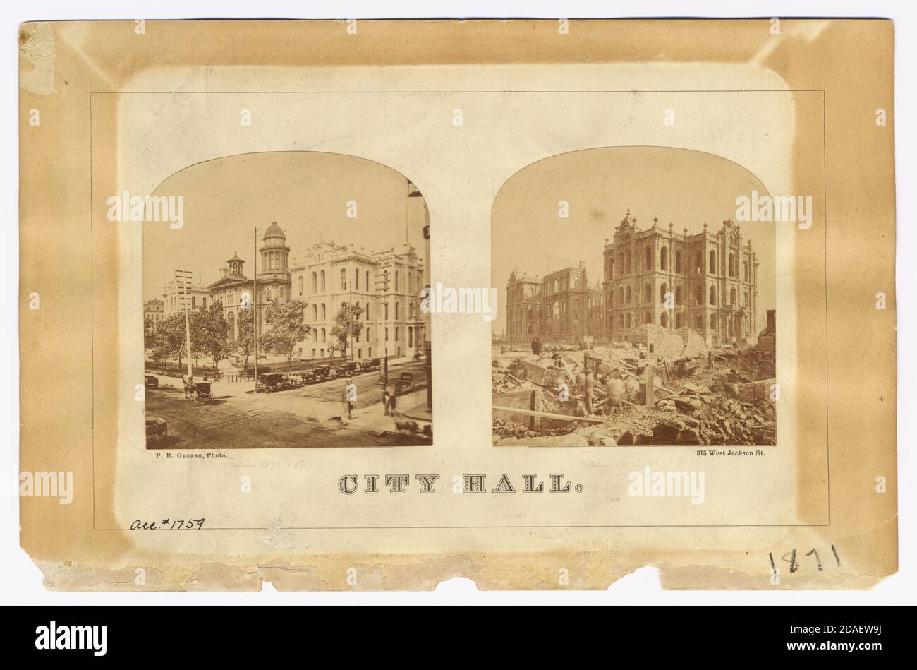 City Hall and Courthouse on October 8 and October 13, 1871, before and after the Chicago Fire of 1871, Chicago, Illinois. Stock Photo