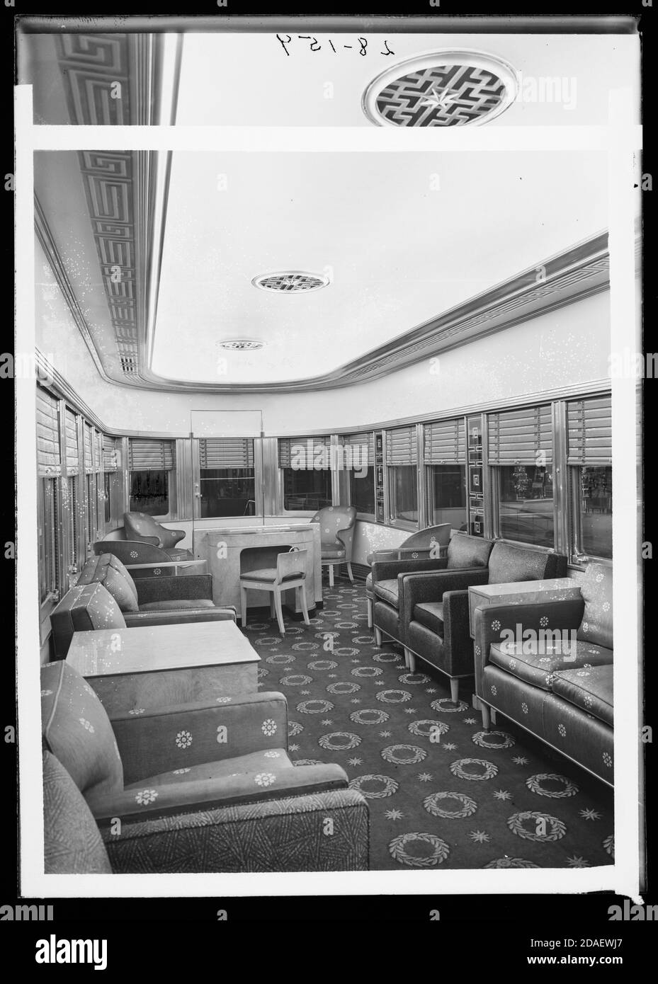 View of lounge in aluminum train car named the George M. Pullman, displayed at the Century of Progress in Chicago in 1933. Stock Photo