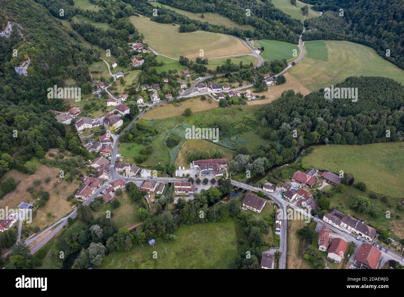 Nans-Sous-Sainte-Anne, France, August 3, 2020 - aerial vue of village in Doubs of Nans-Sous-Sainte-Anne. Close to Lison source Stock Photo