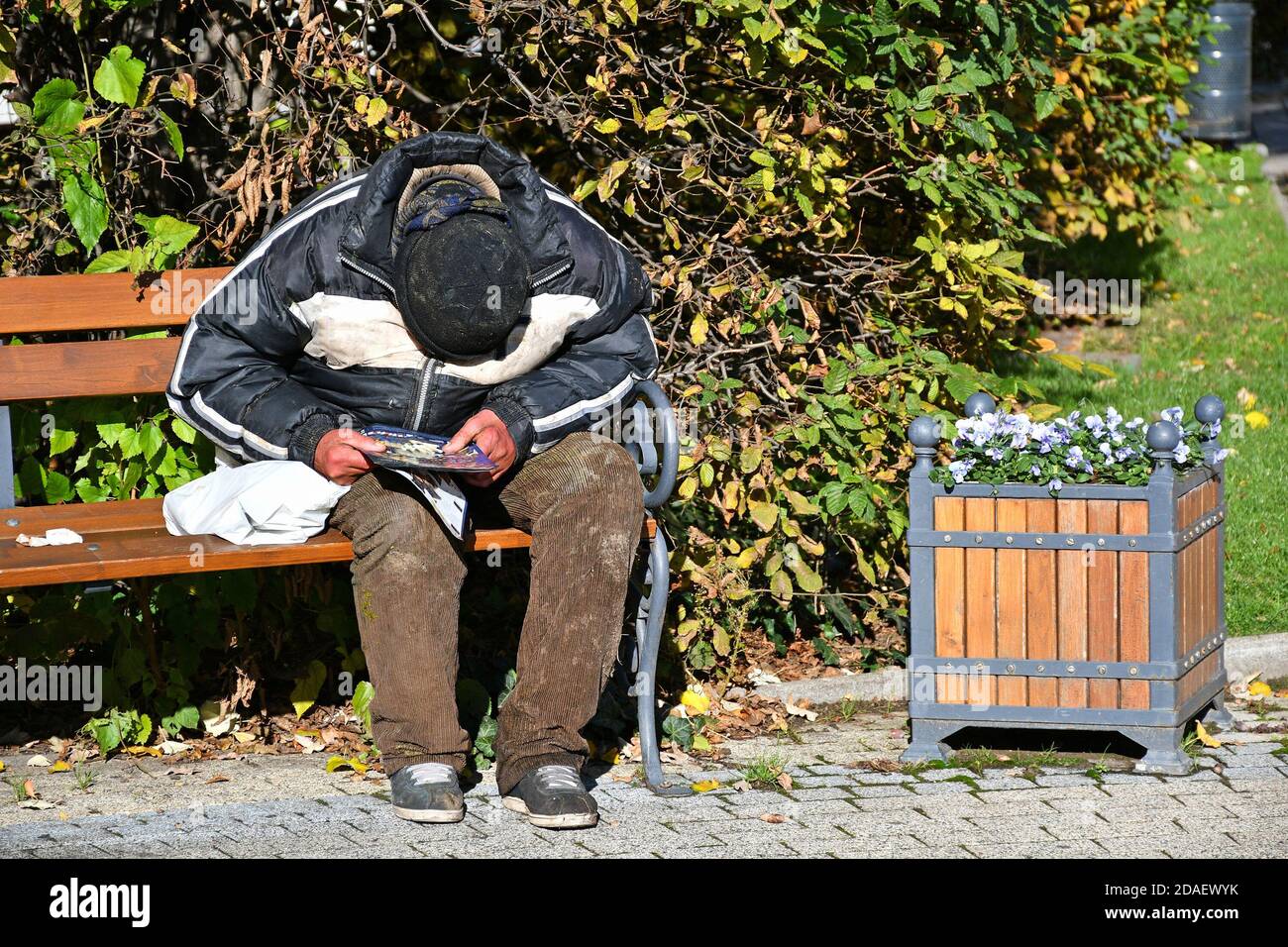 Homeless man sits on a park bench Stock Photo