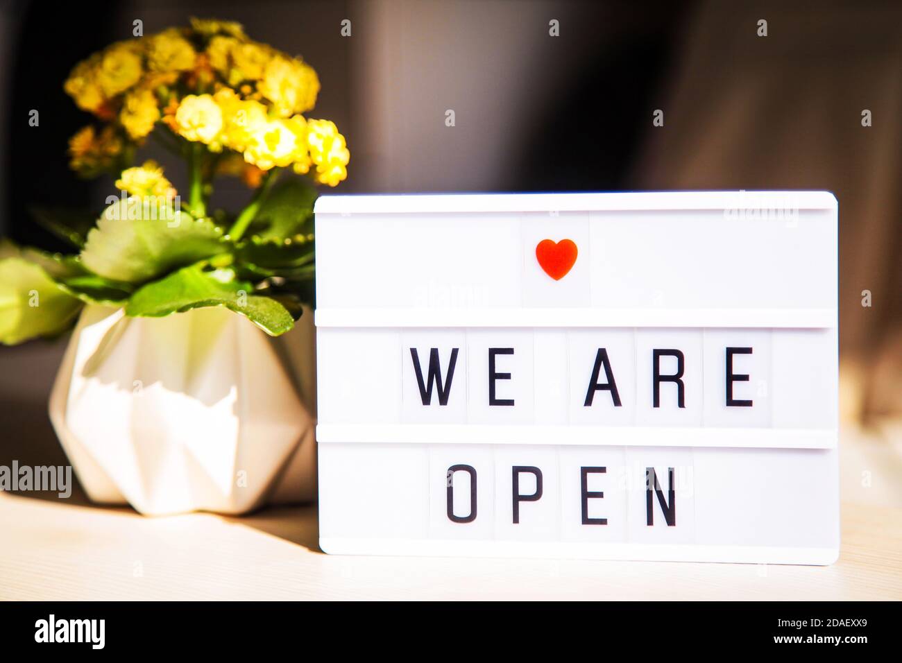 Open Ended Message White lightbox with greeting text message we are open. End of ...